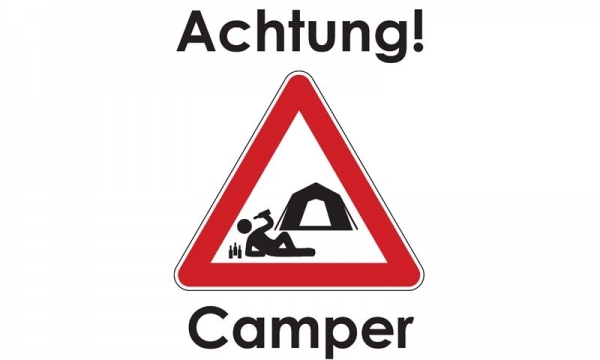 Verkehrszeichen ACHTUNG Camper Fahne (V43) - 90x150cm